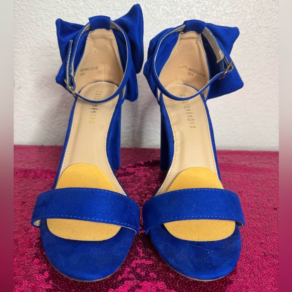 FASHION NOVA 💙 Royal Blue Suede Bow Ankle-Strap Block Heels (Women’s Size 8) - Picture 10 of 11